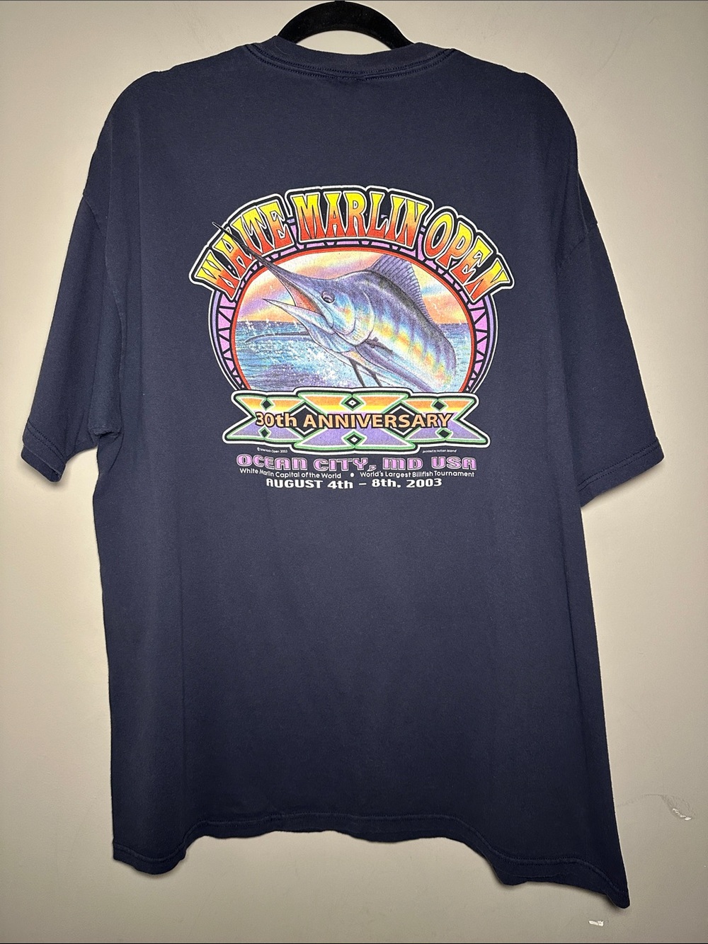 Anvil White Marlin Open 2003 fishing Men's Navy Pocket vintage t-shirt